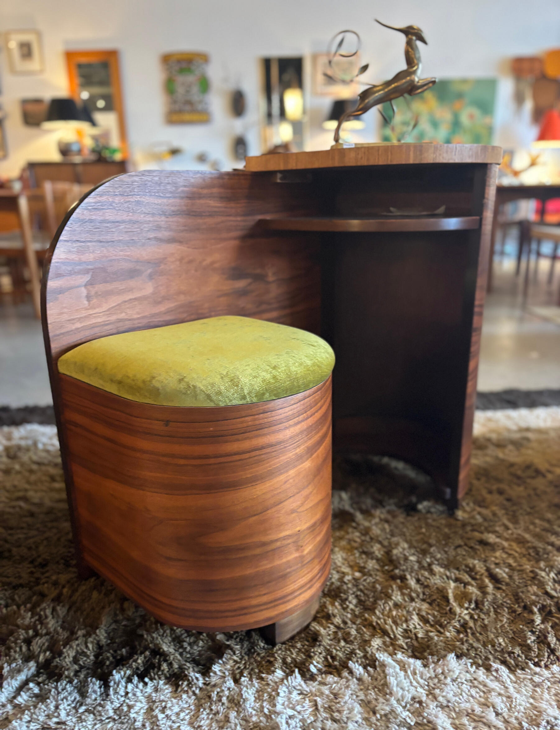 Vintage walnut vanity/gossip bench with green upholstered seat